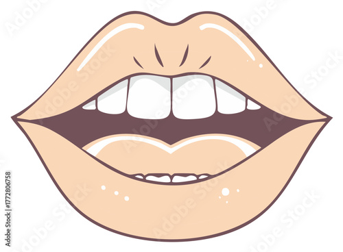 Cartoon illustration of a woman's open mouth with plump glossy lips and white teeth