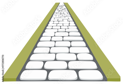 Stone Pathway Perspective Illustration, Isolated Paved Road with Border