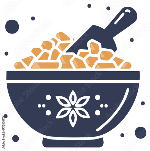 Scoop of kibble in decorated bowl with scattered pieces representing dry pet food