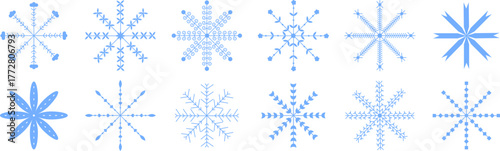 Set of 12 vector blue snowflakes of various shapes. Elegant geometric winter elements for creating holiday designs, New Year cards, patterns, backgrounds or decor. Perfect for Christmas, winter, cold