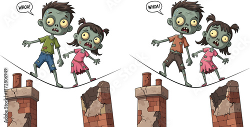Zombie children, tightrope walking, cartoon illustration, circus act, humorous horror, speech bubble, startled expression, brick chimney, creative scene, undead kids