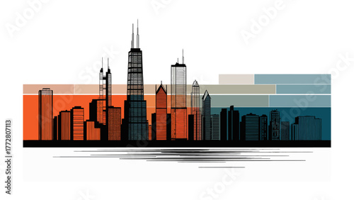 Cityscape Silhouette: A stylized cityscape in a modern silhouette against a geometric backdrop, showcasing urban architecture and design.