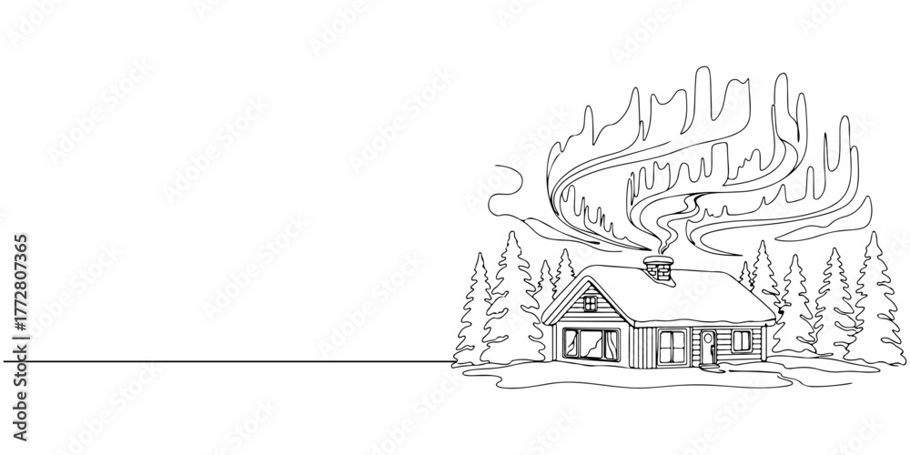 Obraz premium Continuous one line of peaceful winter cabin under northern lights, style hand drawing vector illustration.