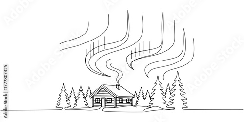 Continuous one line of peaceful winter cabin under northern lights, style hand drawing vector illustration.