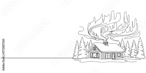 Continuous one line of peaceful winter cabin under northern lights, style hand drawing vector illustration.