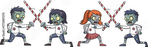 Zombie kids duel, cartoon battle, striped sticks, green skin, stitches, playful horror, mock fight, comic style, funny scene, childhood chaos