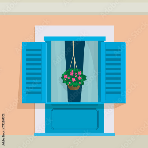 Blue window with bougainvillea flowers in hanging pot