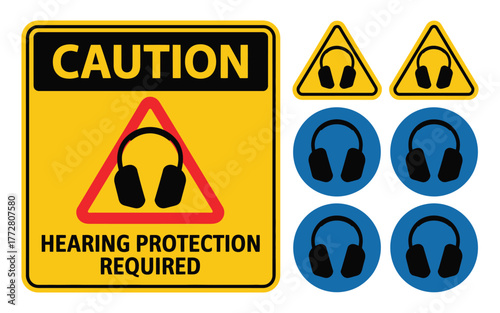 Hearing protection icons set featuring ear muffs, safety sign, protective headphones symbol, occupational safety illustration isolated on clean white background