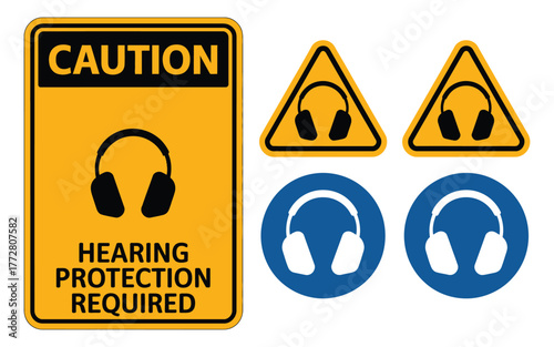 Hearing protection icons set featuring ear muffs, safety sign, protective headphones symbol, occupational safety illustration isolated on clean white background