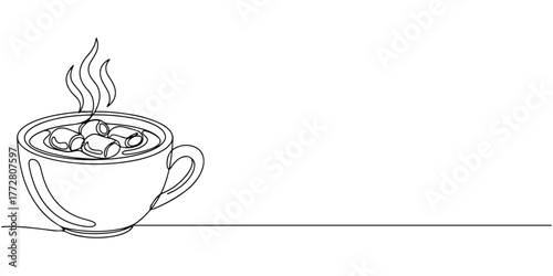 Continuous one line of a steaming cup of hot chocolate with marshmallows on top, style hand drawing vector illustration.