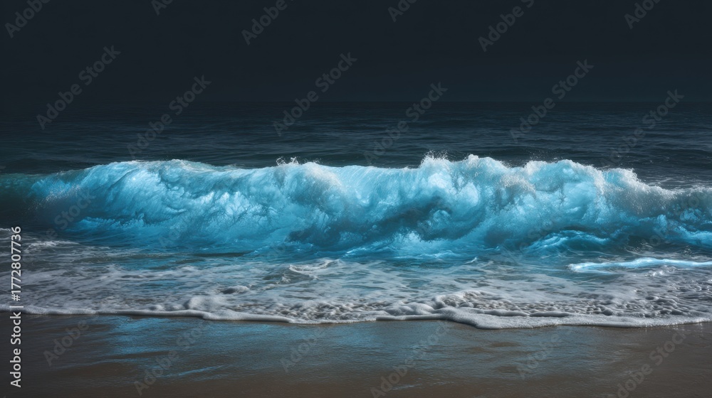 Fototapeta premium Surreal Illumination of Ocean Waves with Plankton Glow in Vibrant Blue Light Capturing the Beauty of Nature's Underwater Wonders