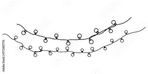 Continuous one line of gently curving Christmas lights, style hand drawing vector illustration.