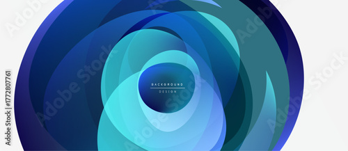 Abstract layered shapes create dynamic circular design. Blue hues dominate, offering modern visual impact. Minimalist text present.