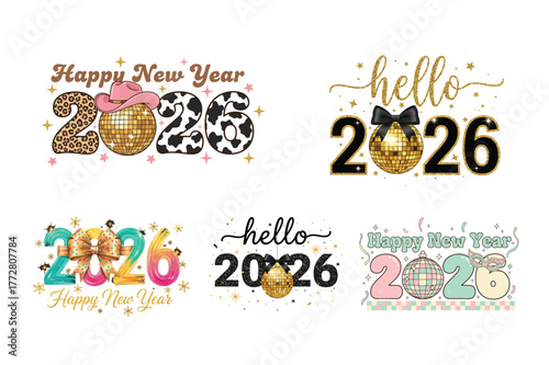 Trendy Happy New Year 2026 Glitter Typography Bundle