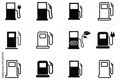 Gas station icon set black filled and outlined style. Gas, oil, fuel, petrol pump Station vector icon set. Pump symbol icon set. Vector illustration.