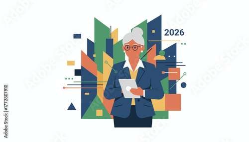 Experienced female executive plans 2026 future using a tablet amidst abstract data graphics