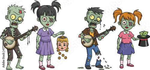 Zombie music scene, cartoon banjo players, magical chaos, severed head, falling coins, stitched skin, comic horror, funny undead, surreal moment