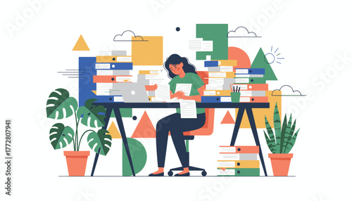 Overwhelmed businesswoman buried in endless paperwork and massive workload at her office desk