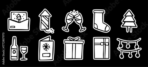 Holiday party, hand-drawn vector doodle icon set, black and white minimal sketch, Christmas gift, celebration, champagne, firework, card, stocking