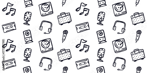 Seamless Music and Audio Equipment Doodle Pattern, Black and White Hand-Drawn Line Art Background, Classic Retro Entertainment Texture, DJ Studio Digital Wallpaper