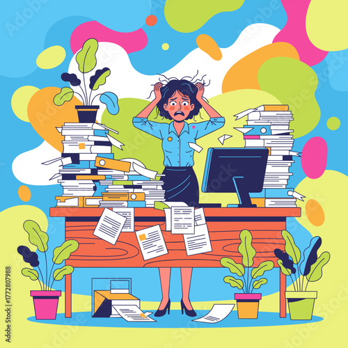 Stressed employee overwhelmed by massive paperwork piles and chaotic deadlines at the office desk