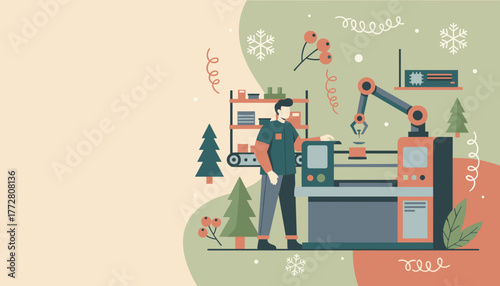 Worker controls robotic manufacturing machine in a stylized winter industrial setting