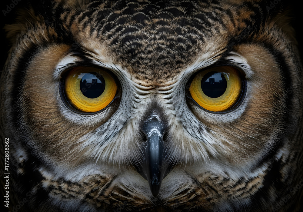 Fototapeta premium A striking close-up portrait of a great horned owl's intense yellow eyes and detailed facial feathers against a dark background.