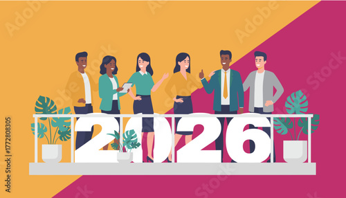 Business team and 2026 number illustration Future goals collaboration diversity and new beginnings