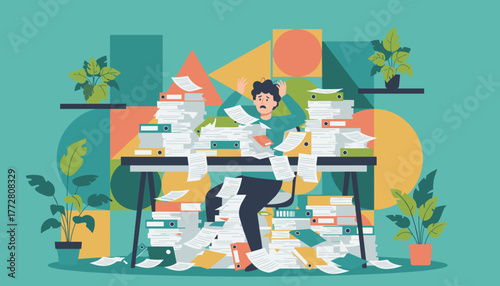 Businessman stressed and overwhelmed by excessive paperwork and files at his office desk