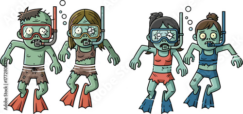 Zombie snorkelers, underwater cartoon, horror humor, swimming scene, flippers and masks, comic style, green skin, beach theme, spooky dive, undead characters