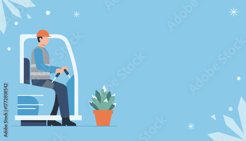Construction worker operating heavy machinery in a cold snowy environment Flat vector background