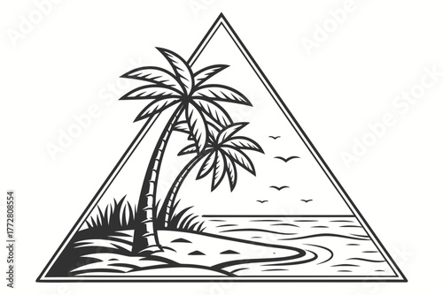 Palm tree island inside triangle — abstract travel theme, clean vector lines, black and white