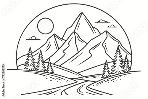Surreal mountain landscape with rising sun — simple line art, circular frame, minimal t-shirt design