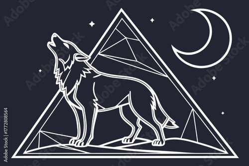 Wolf howling at moon — stylized line illustration, geometric shapes, t-shirt print ready