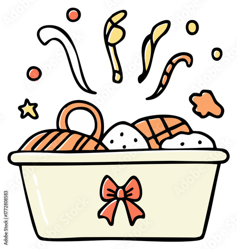 Charming hand drawn gift box with a bow filled with cozy textiles and whimsical magical elements