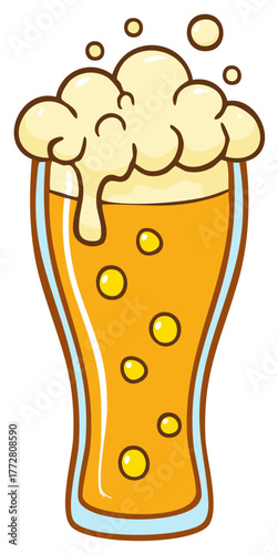 Vibrant cartoon illustration of a glass of beer with frothy head and bubbles