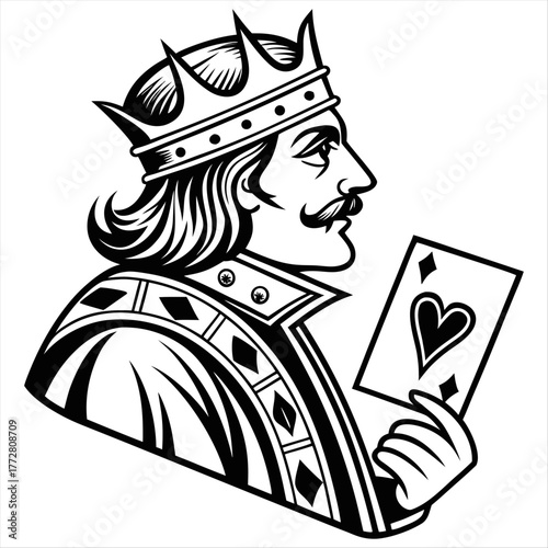 Monochrome vector illustration of the King of Hearts playing card in a bold style, ideal for themes of playing cards, games, or royalty.