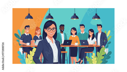 Confident businesswoman leads diverse team collaborating in a modern vibrant office setting