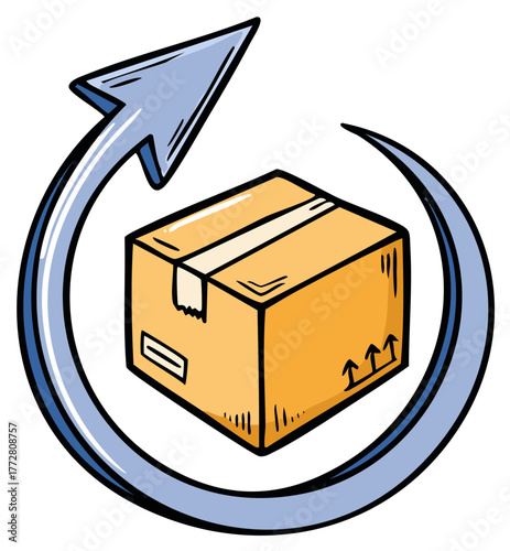 Hand drawn shipping box with circular blue arrow indicating product return or exchange