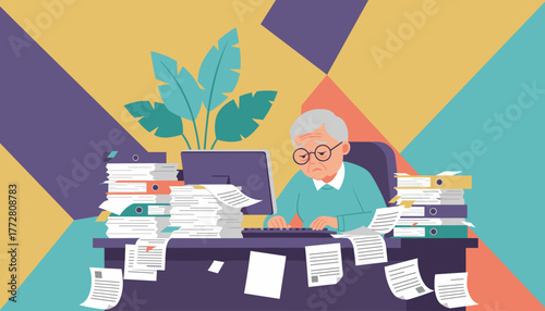 Overwhelmed senior employee stressed by massive piles of files and bureaucracy