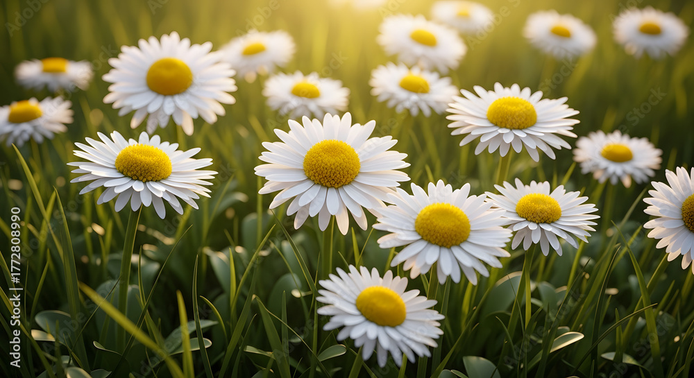 Fototapeta premium Close up of numerous daisies in green grass with sunlight effect