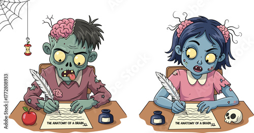 Zombie students, cartoon classroom, brain anatomy, horror humor, writing assignment, undead characters, quill pen, comic style, school desk, illustrated scene