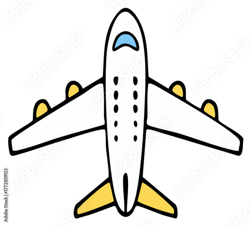 Airplane flying high cartoon top view with plane yellow wings and fuselage transportation business airlines