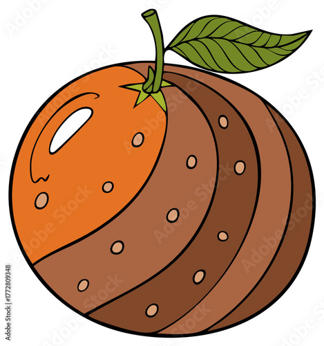 Abstract cartoon orange fruit illustration with a pensive face and swirling brown stripes