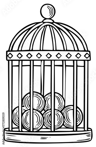 Birdcage with Coins Inside Outline Illustration Money and Wealth Concept