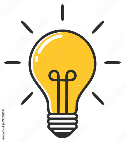 Cartoon yellow light bulb glowing with bright rays doodle style for innovation and inspiration