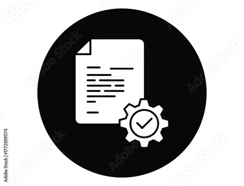 Streamline workflow with automated document processing and settings, ensure efficiency with a checkmark gear, perfect for business solutions and technology integrations