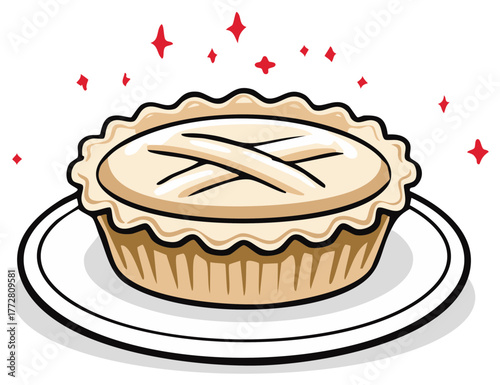 A delicious homemade pie with a lattice crust sits on a white plate with decorative red sparkles