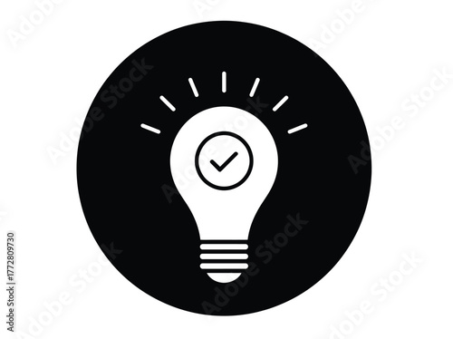 Creative solution verified with lightbulb icon on black background, unlock your potential with innovative ideas, successful project completion, bright ideas confirmed