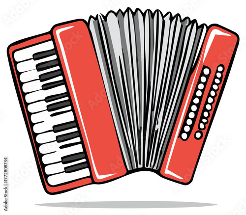Vibrant red accordion musical instrument with classic piano keys and bass buttons, detailed vector illustration